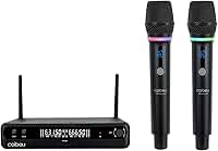 Microfone Sem Fio Duplo UHF, Microfone Dinamico Karaoke, 2 Microfones de Mão com Receptor, Saídas XLR/6,35 mm, Alcance até 50 m, Bateria Recarregável Type-C, para Karaokê, Igrejas, Palcos e Eventos
