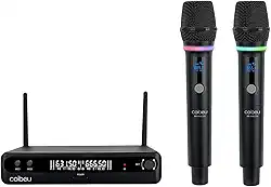 Microfone Sem Fio Duplo UHF, Microfone Dinamico Karaoke, 2 Microfones de Mão com Receptor, Saídas XLR/6,35 mm, Alcance até 50 m, Bateria Recarregável Type-C, para Karaokê, Igrejas, Palcos e Eventos