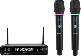 Microfone Sem Fio Duplo UHF, Microfone Dinamico Karaoke, 2 Microfones de Mão com Receptor, Saídas XLR/6,35 mm, Alcance até 50 m, Bateria Recarregável Type-C, para Karaokê, Igrejas, Palcos e Eventos
