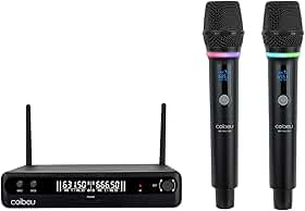 Microfone Sem Fio Duplo UHF, Microfone Dinamico Karaoke, 2 Microfones de Mão com Receptor, Saídas XLR/6,35 mm, Alcance até 50 m, Bateria Recarregável Type-C, para Karaokê, Igrejas, Palcos e Eventos