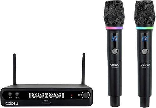 Microfone Sem Fio Duplo UHF, Microfone Dinamico Karaoke, 2 Microfones de Mão com Receptor, Saídas XLR/6,35 mm, Alcance até 50 m, Bateria Recarregável Type-C, para Karaokê, Igrejas, Palcos e Eventos