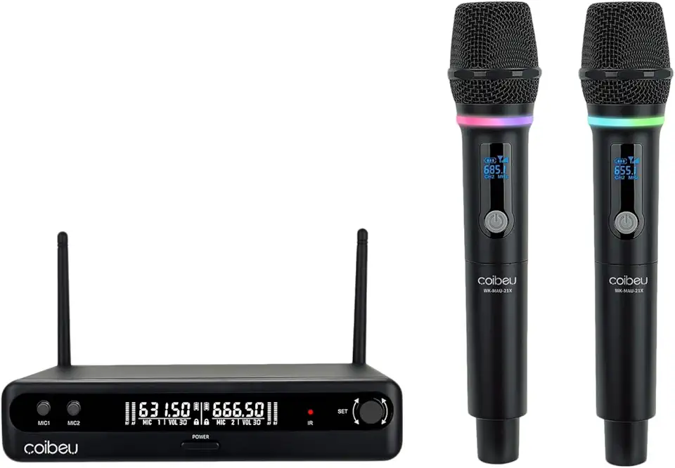 Microfone Sem Fio Duplo UHF, Microfone Dinamico Karaoke, 2 Microfones de Mão com Receptor, Saídas XLR/6,35 mm, Alcance até 50 m, Bateria Recarregável Type-C, para Karaokê, Igrejas, Palcos e Eventos