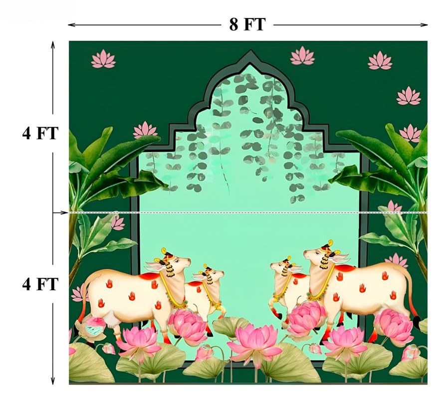Image of Background Decorations clothss| pongal Decoration backdrops | pichwai Backdrop Cloth for Decoration Dark Green Backdrop Four Cow& Pink Lotus Flowers 8 8 feet | Pooja Backdrop Cloth