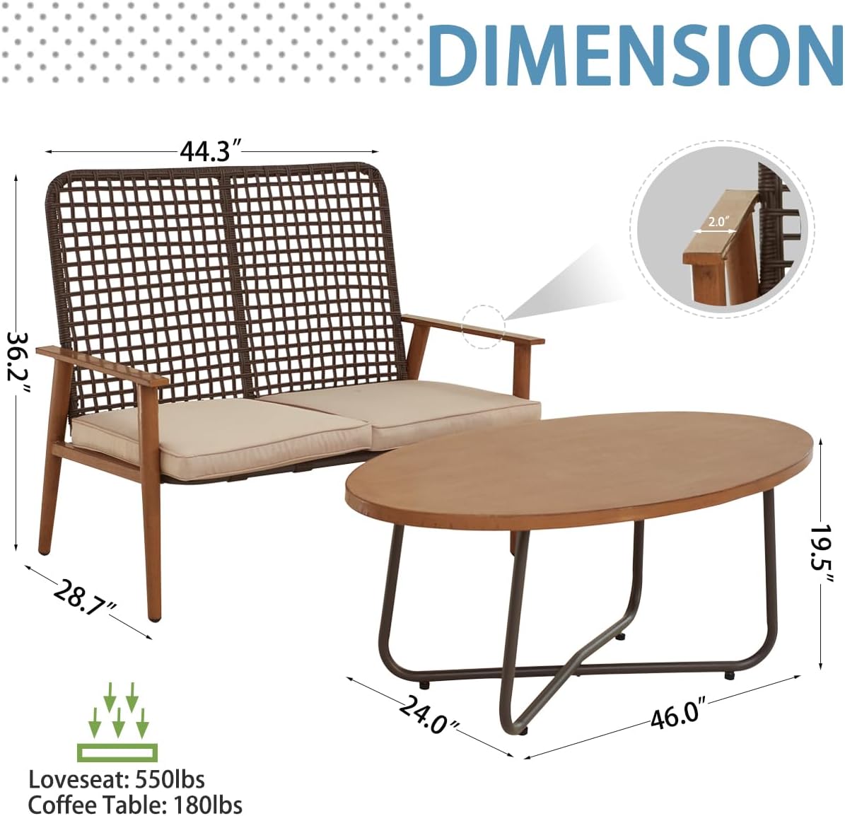 Patio Loveseat with Coffee Table Wicker Bistro Outdoor Conversation Loveseat Porch Furniture Set Sofa for Balcony, Backyard, and Deck with Soft Cushions and Metal Table (Khaki)