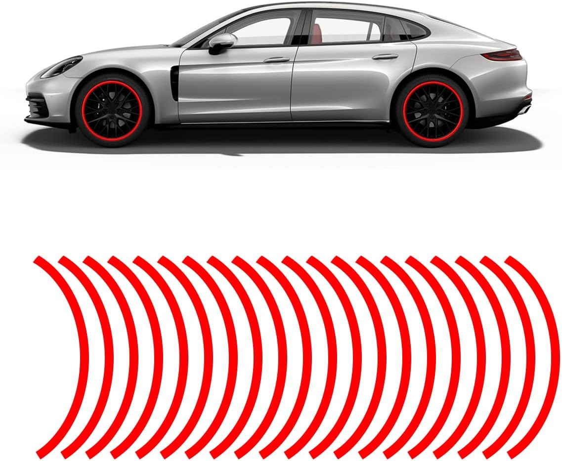 16PCS 17''-19'' Reflective Wheel Rim Stripe Decal, Car Wheel Rim Tapes Decoration Stickers, Waterproof Night Safety Decals Automotive Accessories Universal for Motorcycle, Car, Bicycle (Red)