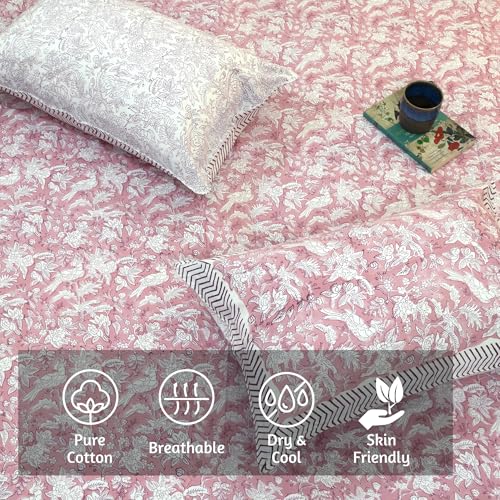 Image of TOAI Hand Block Printed Bedsheet | Bed Spread Flatsheet Bed Sheet | Pure Cotton | Queen Size 90 inchx108 inch | 210 TC Luxury Cotton | 2 Reversible Pillow Covers |Pink Bird Kalamkari
