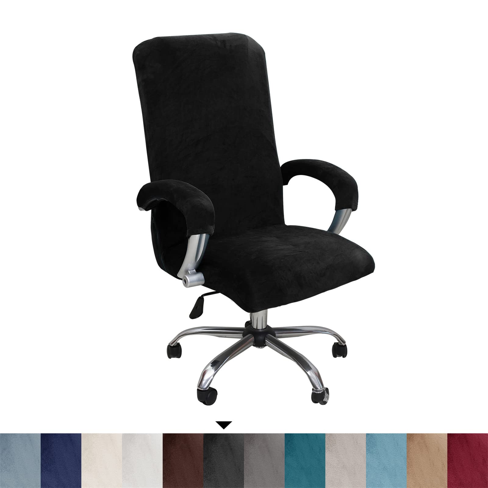 Housse de Chaise de Bureau avec Accoudoir Peluche Velours Couleur Unie,Housse pour Chaise Tissu élastique Amovible et Résistante pour Fauteuil de Bureau Rotatif Chaise,Noir - XL