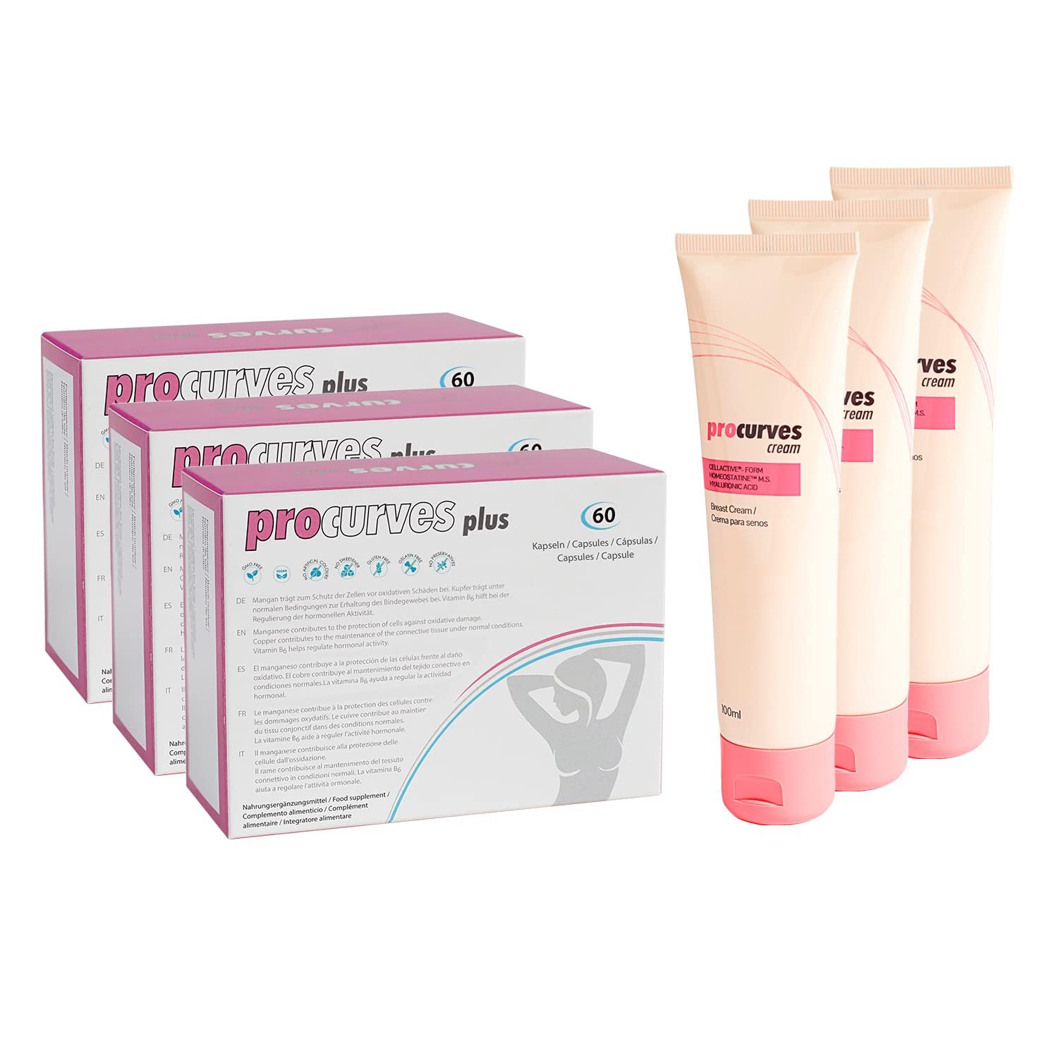 3 Procurves Plus + 3 Procurves Cream: Cápsulas y Crema para aumentar el pecho y reafirmarlo