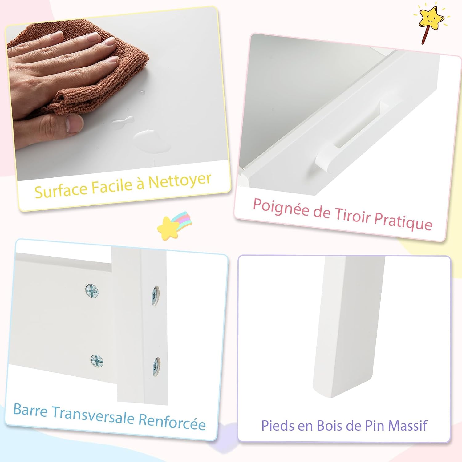 Image collage showing the easy-to-clean surface of the desk, a practical drawer handle, the reinforced crossbar for stability, and the solid pine wood legs.