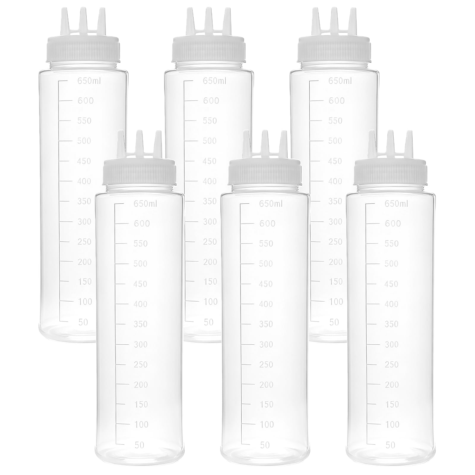 6 Stück Quetschflaschen für Soßen, 680 ml mit Skala, Tri-Cone-Düse, Kunststoff-Spritzflaschen für Sirup, Ketchup, Dressing, Honig