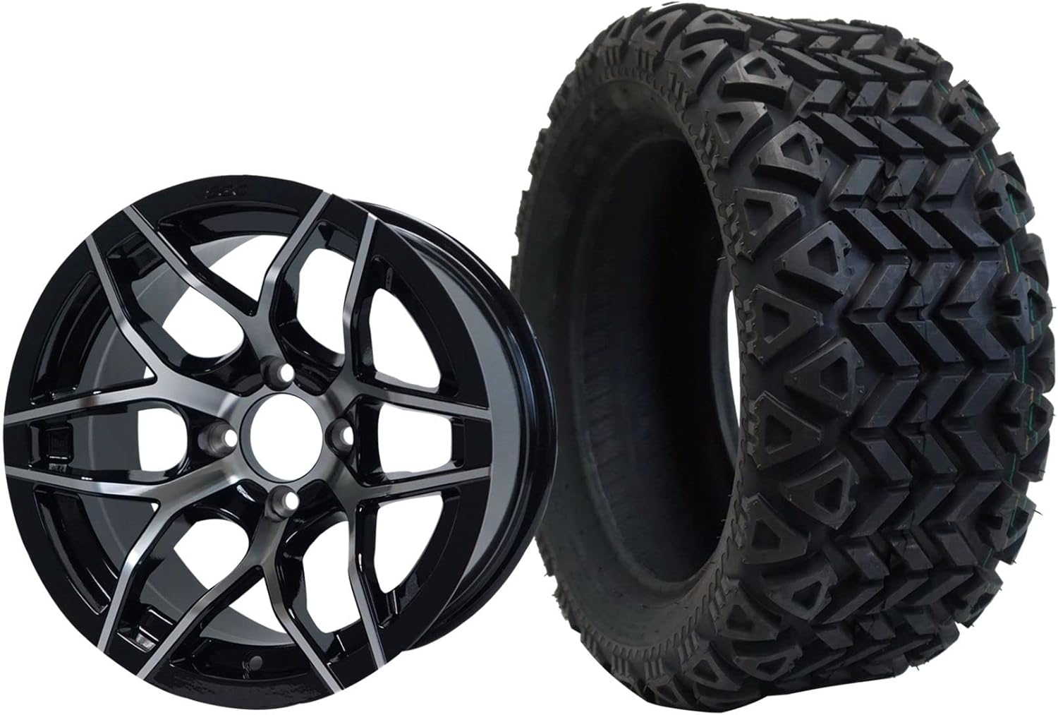 14" RALLY MACHINED/BLACK ALUMINUM WHEELS AND 23X10-14" DOT ALL TERRAIN TIRES COMBO - SET OF 4