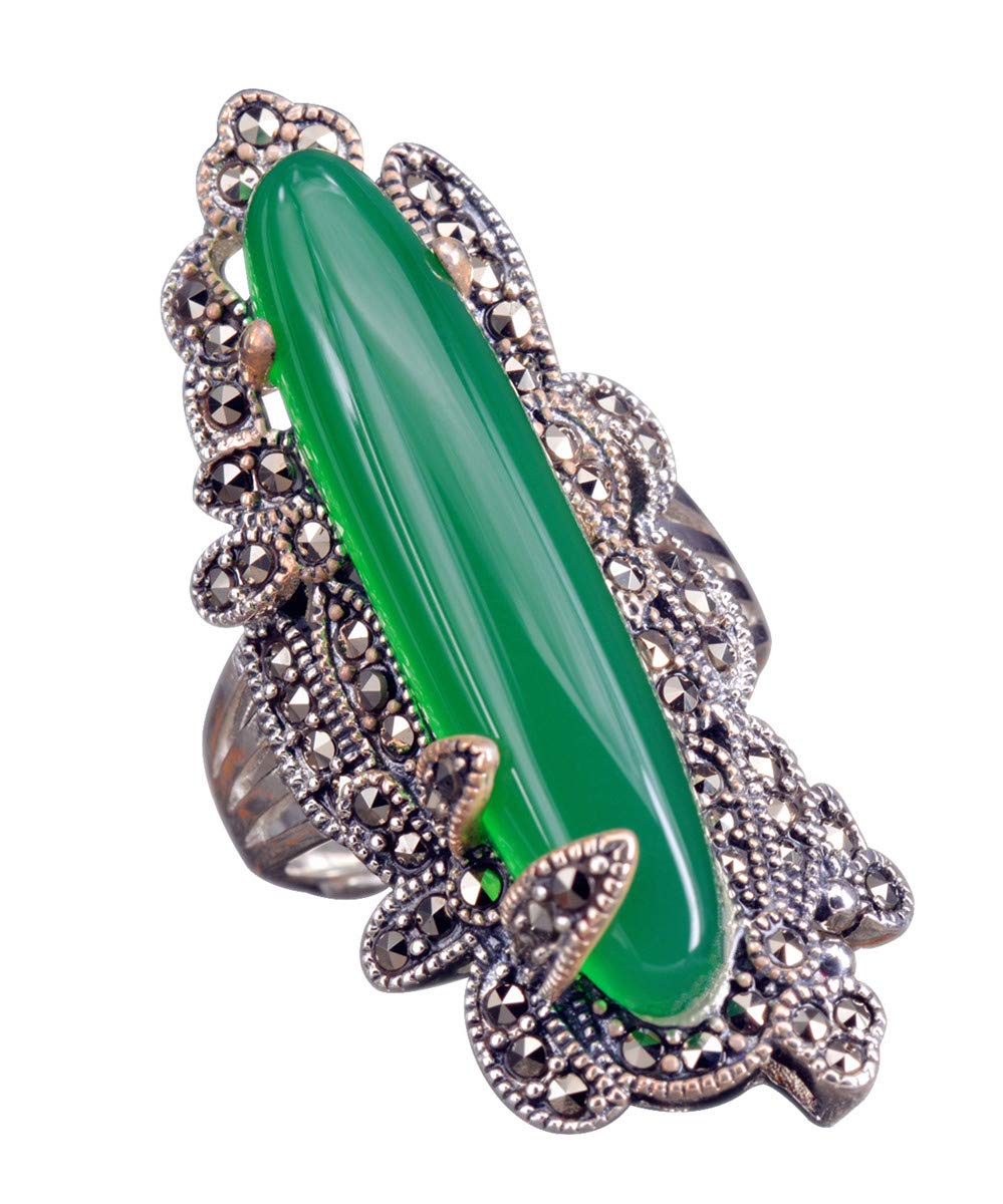 NicoWerk Anillo de plata de ley 925 para mujer, estilo vintage, con piedra ancha, verde, ovalada, ajustable, abierto, SRI372, Plata de ley