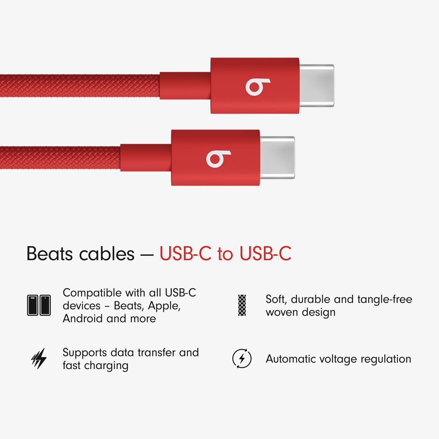 Beats USB-C to USB-C Woven Cable, Fast Charging, Durable/Tangle-Free, Compatible Charger for Apple & Android (1.5 m) – Rapid Red — Amazon image 2