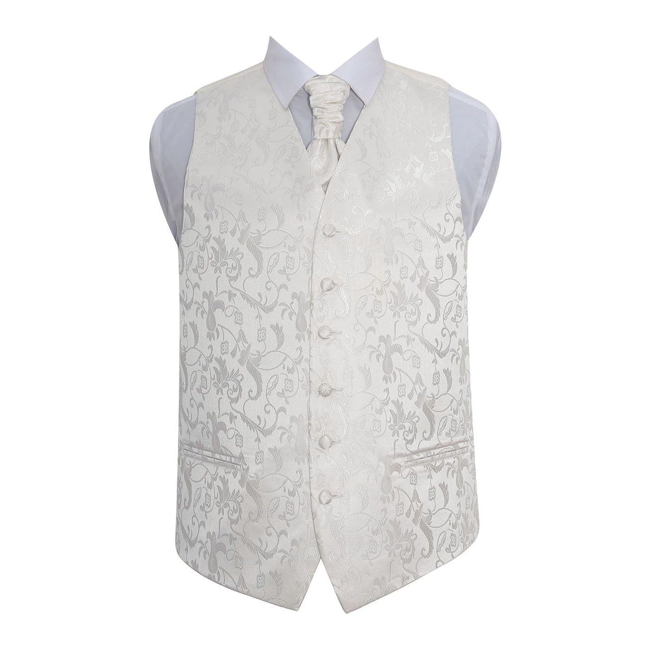 Dqt Men's Ivory Passion Floral Waistcoat Cravat Pocket Square & Cufflinks Set (4Pc) - Wedding, Business & Formal - 44" (2Xl)