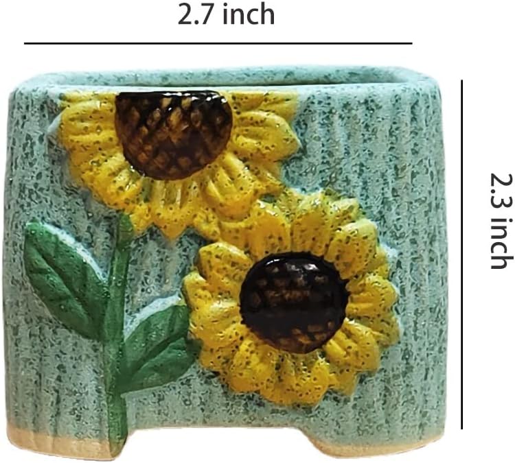WAIT FLY Lovely Embossed Sunflower Ceramic Succulent Planters with Drainage Hole Cactus Plant Pot Flower Pot Container Planter for Home Office Garden Decoration-Round-A-Set of 4