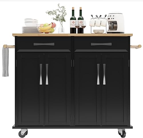 soges Isla de cocina móvil con almacenamiento sobre ruedas, carrito de mesa de isla de cocina rodante con 2 cajones y armarios de almacenamiento