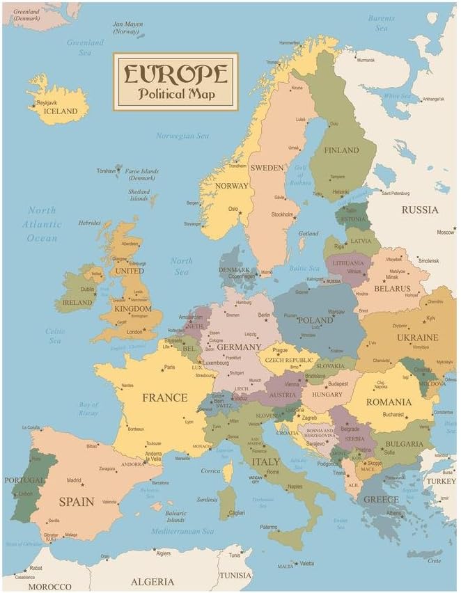 Map of Europe Poster Vintage European Maps With Countries Cities Travel Political Decor Cool Wall Art Print Poster 24x36