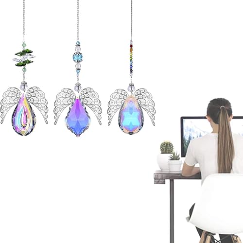 Miniatura 8 de HDCRYSTALGIFTS Atrapasoles de ángel guardián de cristal de 14 pulgadas, prismas de cristal arcoíris, para el hogar, ventana, jardín, decoración