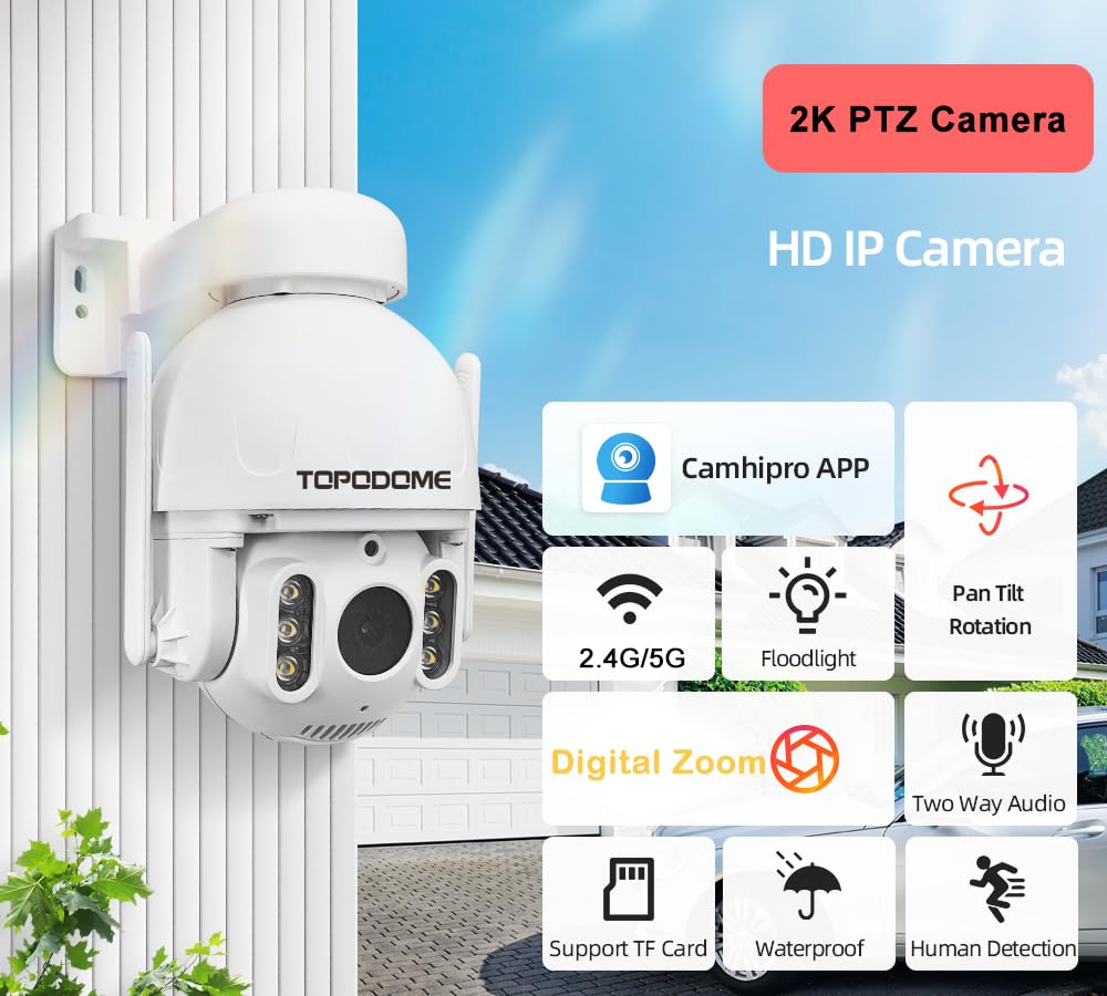 Zewnętrzna kamera nadzorująca WiFi 2K PTZ, zewnętrzna kamera bezpieczeństwa, Wi-Fi 5G, automatyczne śledzenie 360°, kolorowy noktowizor 50 m, RTSP, alarm ludzki/pojazd, montaż sufitowy IP66