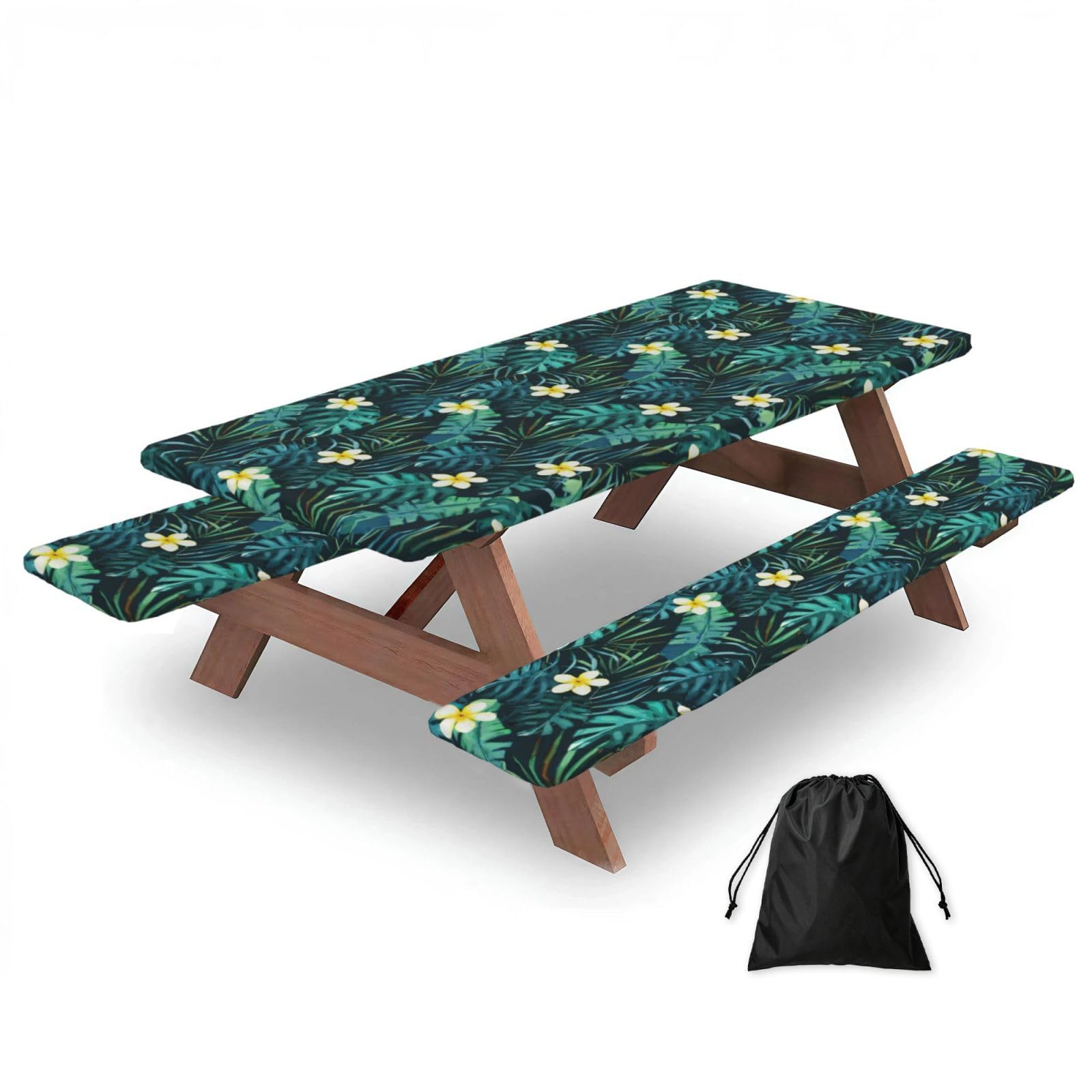 Zyjhyy Black Hawaiian Print Party Table Covers With Bench Covers Set Of 3 Picnic Table Cloth Wipe Clean For Garden Camping