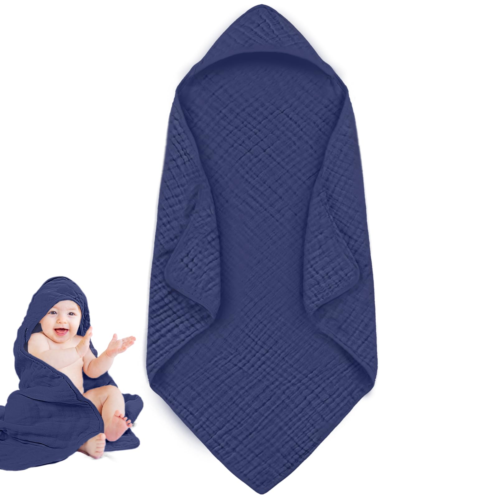 Baby Bath Hooded Towel Navy Blue for Newborns 32x32Inch- 100% Muslin Cotton Bath Towels