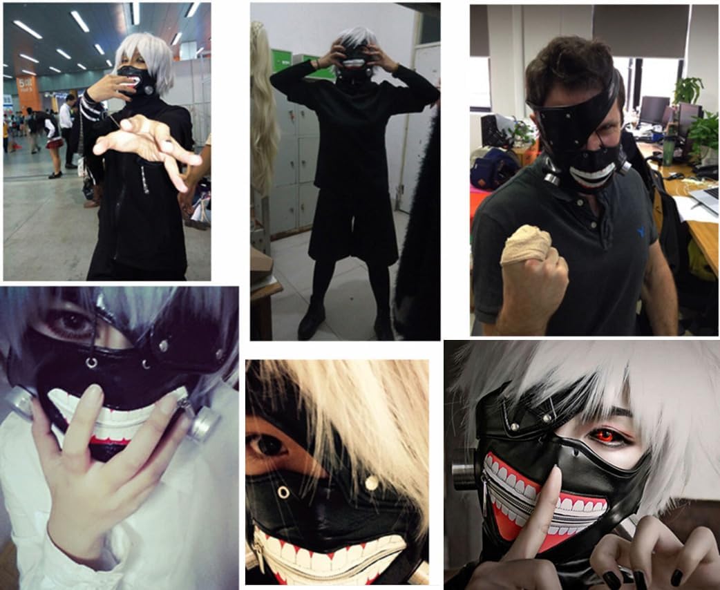 PENINSULA LOVE Tokyo Kaneki Ken Mask Punk PU Leather Mask Halloween Cosplay Costume Zipper Mask with Detachable Eye Patch
