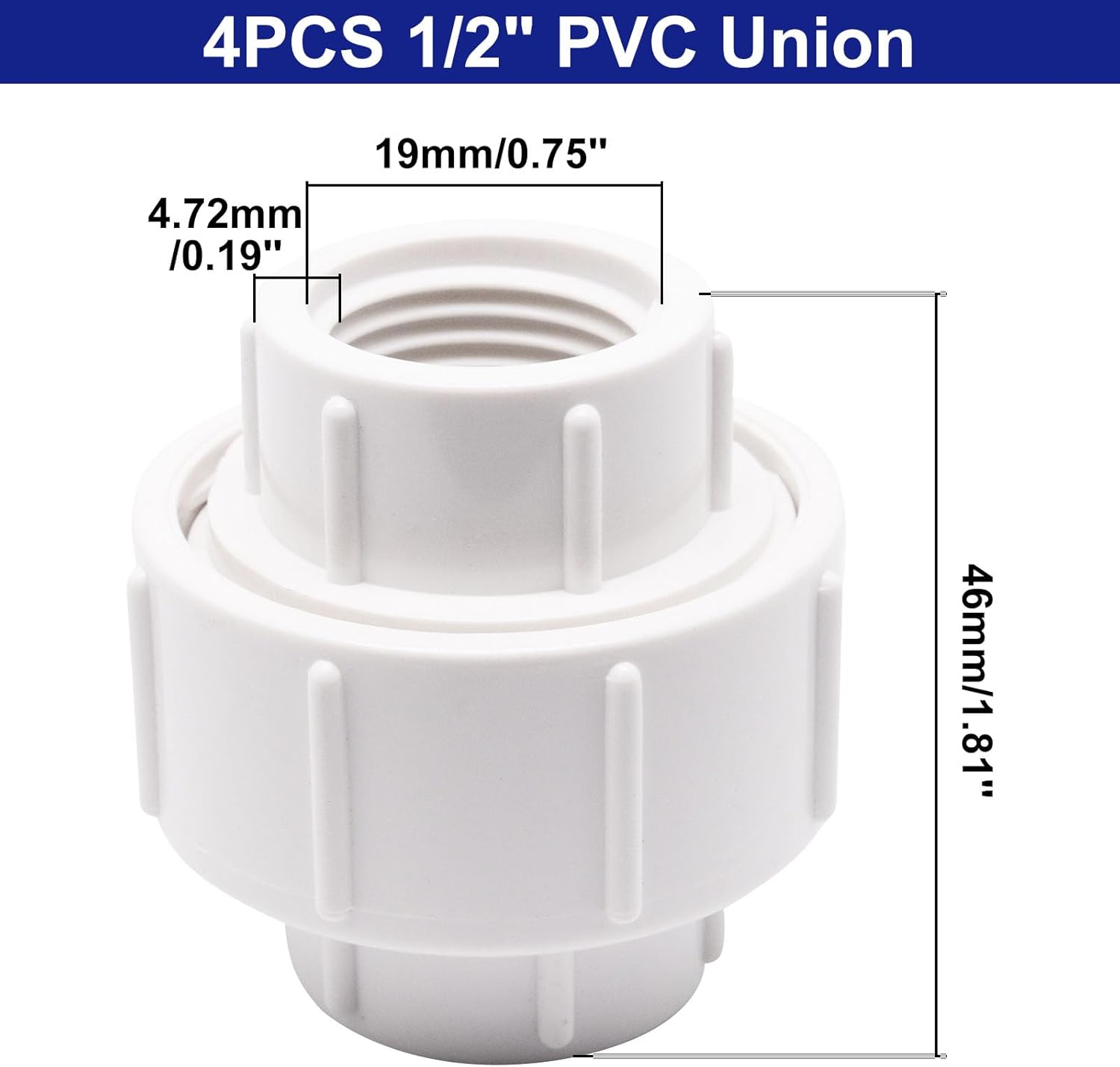 1/2 inch PVC Pipe Union Fittings, PVC Connectors Female Thread Coupling (1/2", 4pcs)