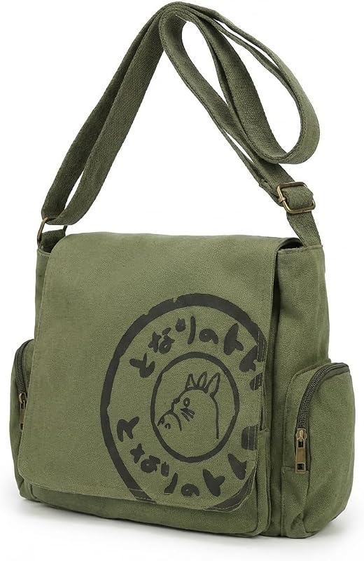 Japanese New 2026 My Neighbor Canvas Messenger Bags Cartoon Students Book Crossbody Bags with Mutiple Pockets, Compatible with my neighbor totoro bag (Khaki)