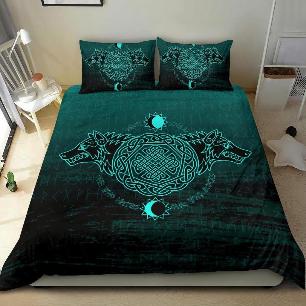 Parure de lit Viking housse de couette 172x218cm motif loup nordique cyan 3D drap de lit de style