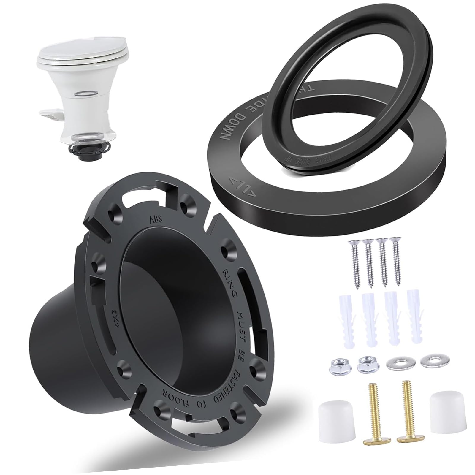 Kaeltsyn Sturdy Vehicle Toilet Sealing Set ABS Flange and Rubber Gaskets Stops Leaks and Unwanted Smells Unit with Attachments