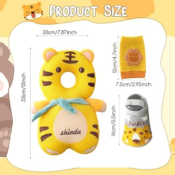 Baby Head Protector,Infant Fall Protection, Baby Head Protector Cushion Backpack with Baby Knee Pads Anti Slip Socks for Walking & Crawling (Yellow Tiger)
