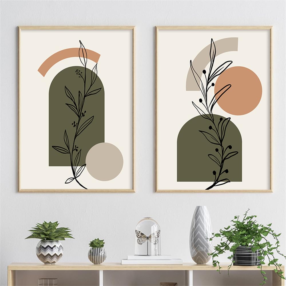 Wuhbcz Multicolored Pictures,Boho Abstract Green Line Plant Yellow Circle Poster Wall Art Print Pictures Canvas Painting Minimalist Living Room Kitchen Home Decor-50 * 60Cm*2Pcs (No Frame)