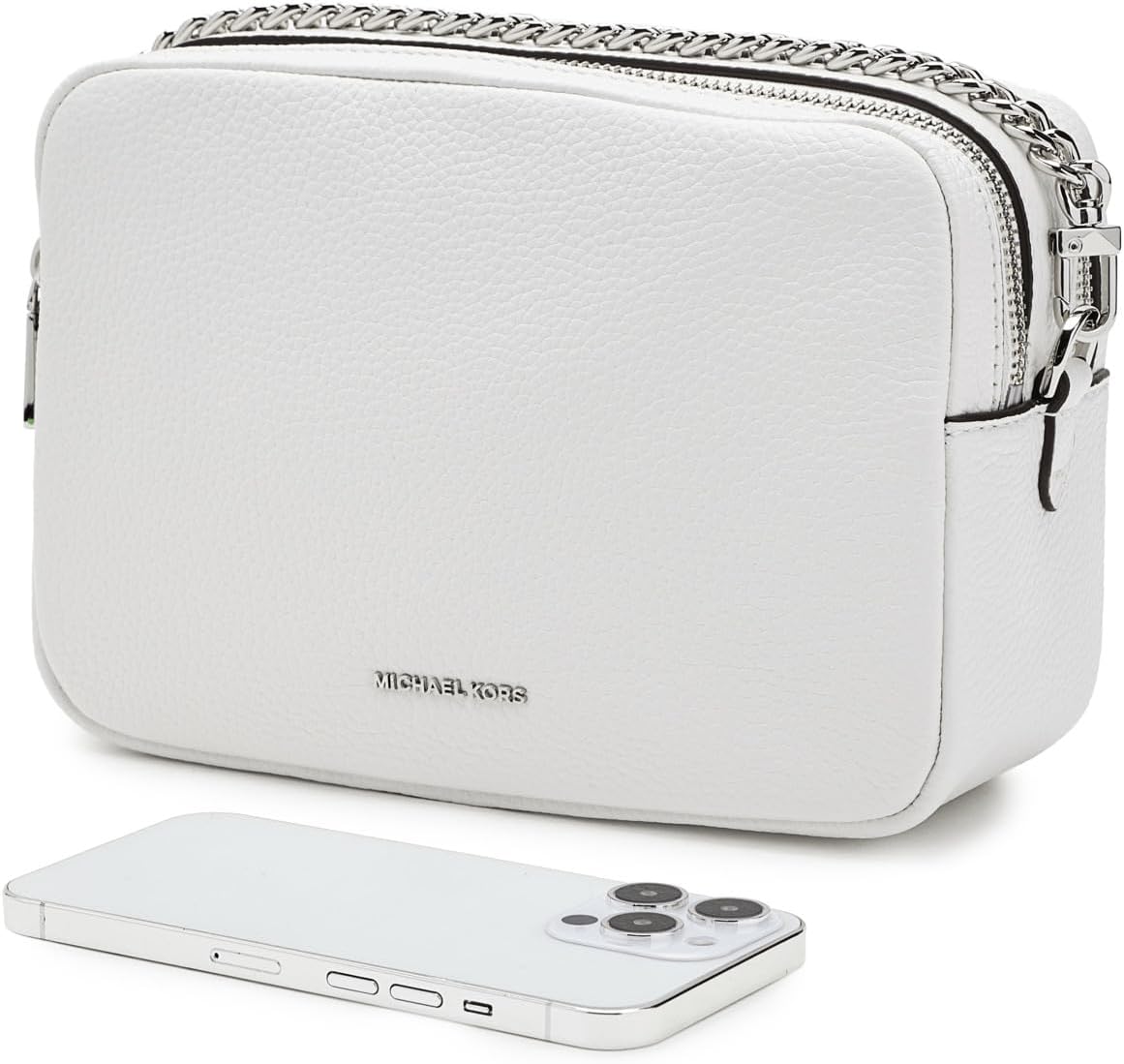 Michael Kors, Womens, Bryant Medium Double Zip Chain Camera Crossbody, Optic White, One Size