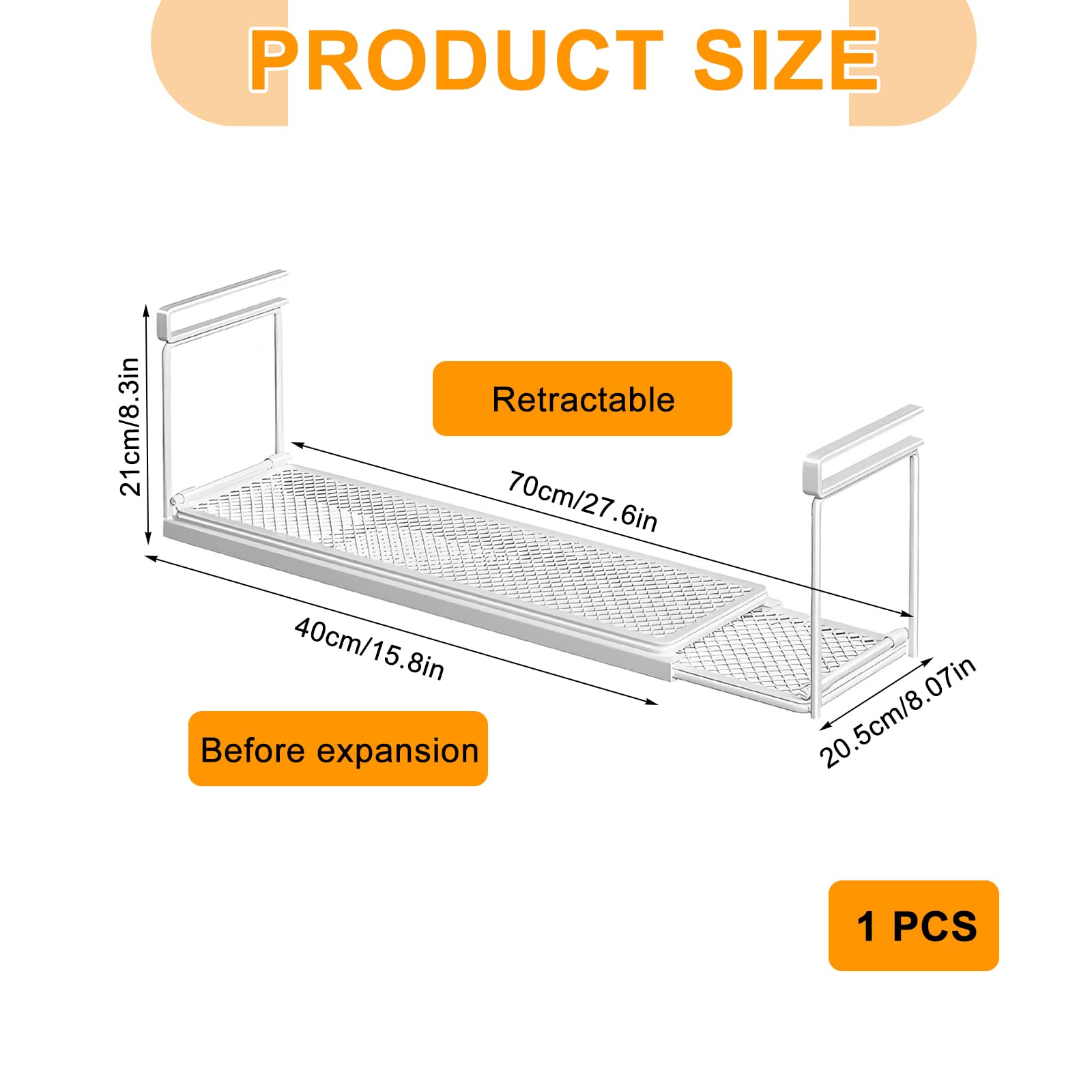 YUDAWN Regał dolny, wiszący kosz z metalu, kosz do przechowywania z regulowanym regałem 40-70 cm, regał wiszący do kuchni, biura, szafek kuchennych, szafek na ubrania (biały)