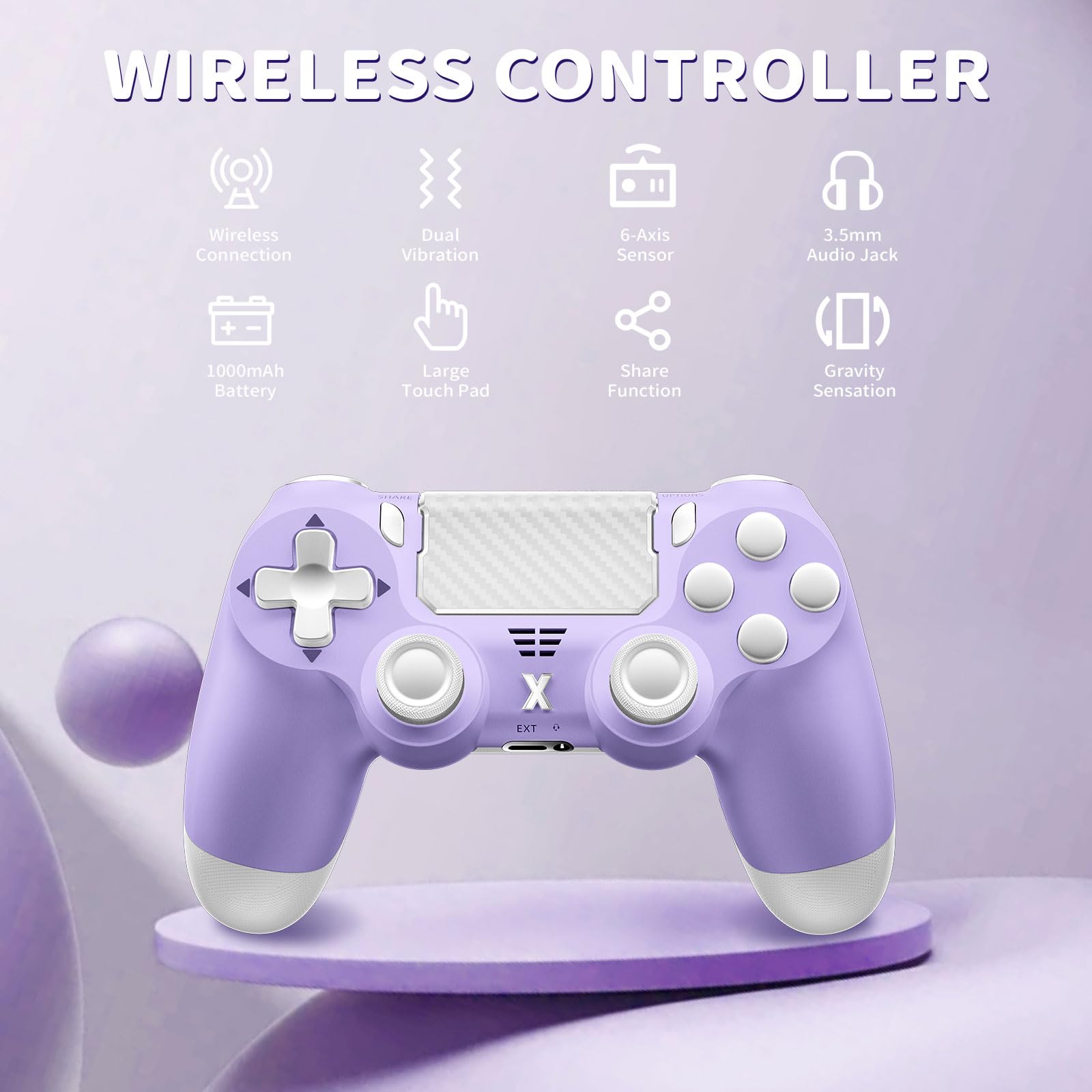 Suoxiom Wireless Controller for P4, Game Controller for P4/Slim/Pro/PC, Bluetooth Gamepad Joystick with Vibration Touch Panel, Upgraded Six-Axis Sensor, 3.5mm Audio Jack (Light Purple) - 2