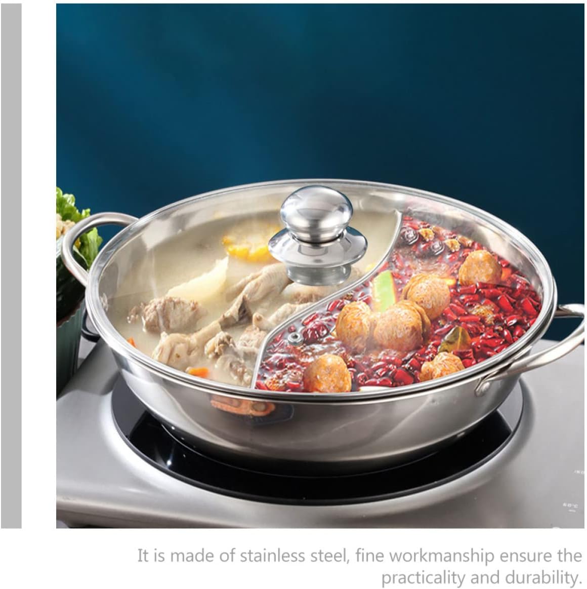 VOSAREA Stainless Steel Divided Hot Pot with Lid Two-Flavor Induction Cooking Pot for Seafood and Spicy Broth Commercial Use for Electric and Gas Stoves