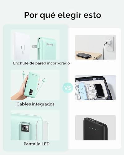 Miniatura 5 de charmast Cargador portátil con cables y enchufe integrados, cargador de batería USB C de 10000 mAh, carga rápida, batería externa delgada, artículos