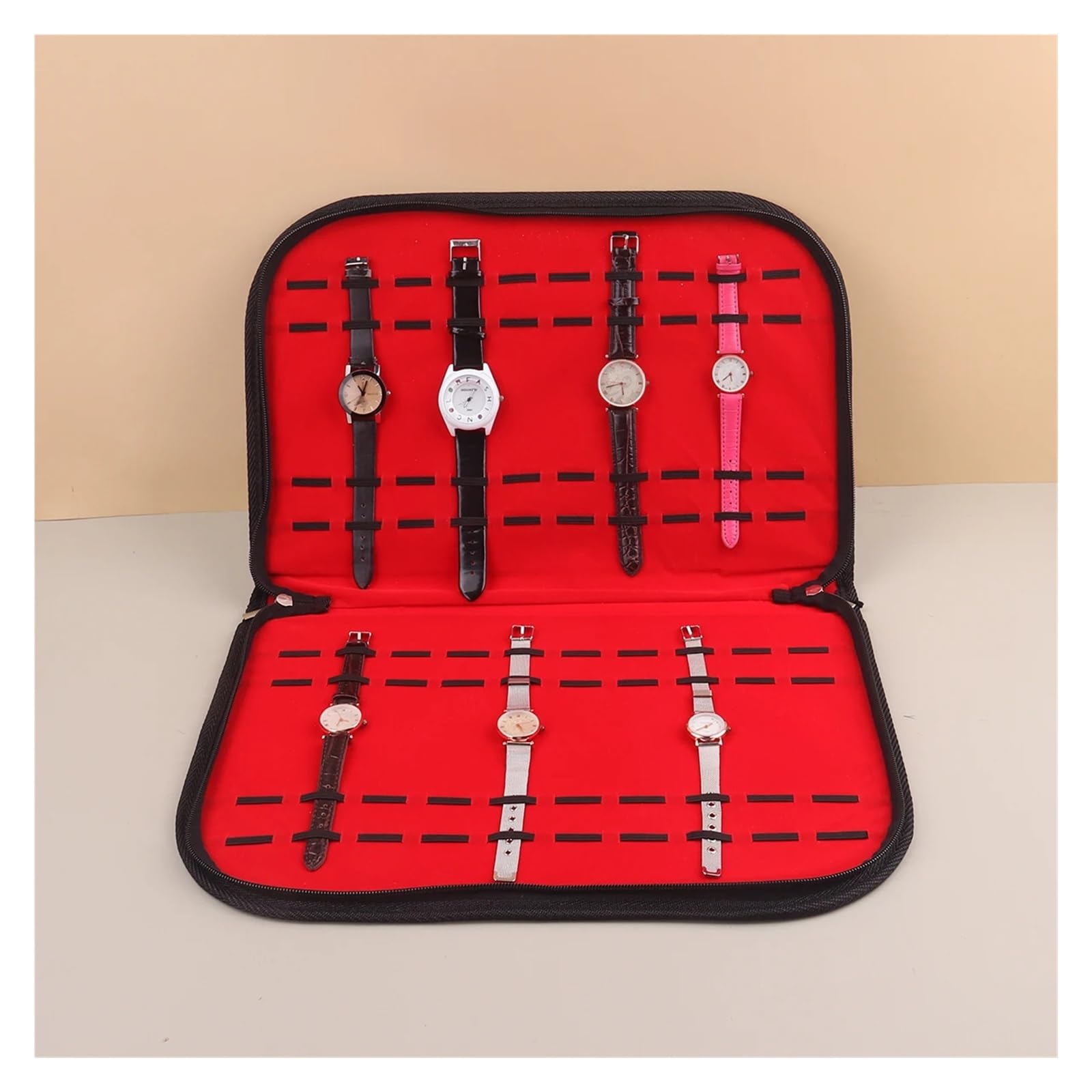 Multifunktionaler tragbarer Uhrenarmband-Organizer, Reiseetui for Uhren aus Leder und Flanell, Schwarz/Rot, tragbares Uhrenetui for die Reise zur Aufbewahrung von Uhren