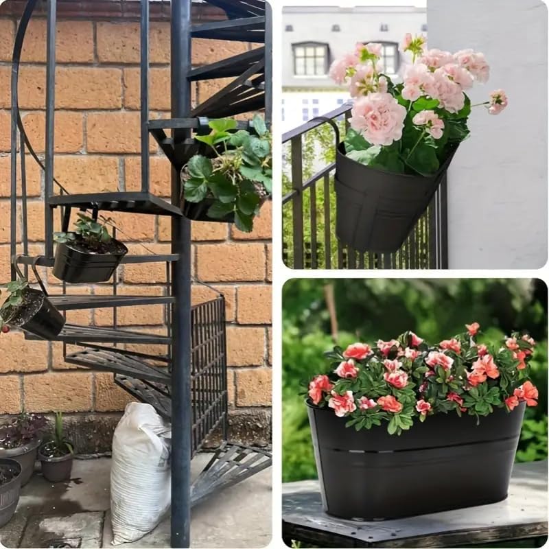 Image of SUNBIRD Black Oval Railing Planters for Balcony, Metal Hanging Flower Pots for Railing Planters for Outdoor Window Balcony Plants Holder with Hooks for Garden Yard Home Decor (Set of 1)