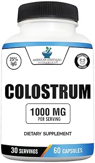 American Standard Supplements Colostrum Capsules - 1000mg Per Serving, 60 Capsules, USA Sourced Cow Colostrum, Standardized to 25% Immunoglobulins (IgG)