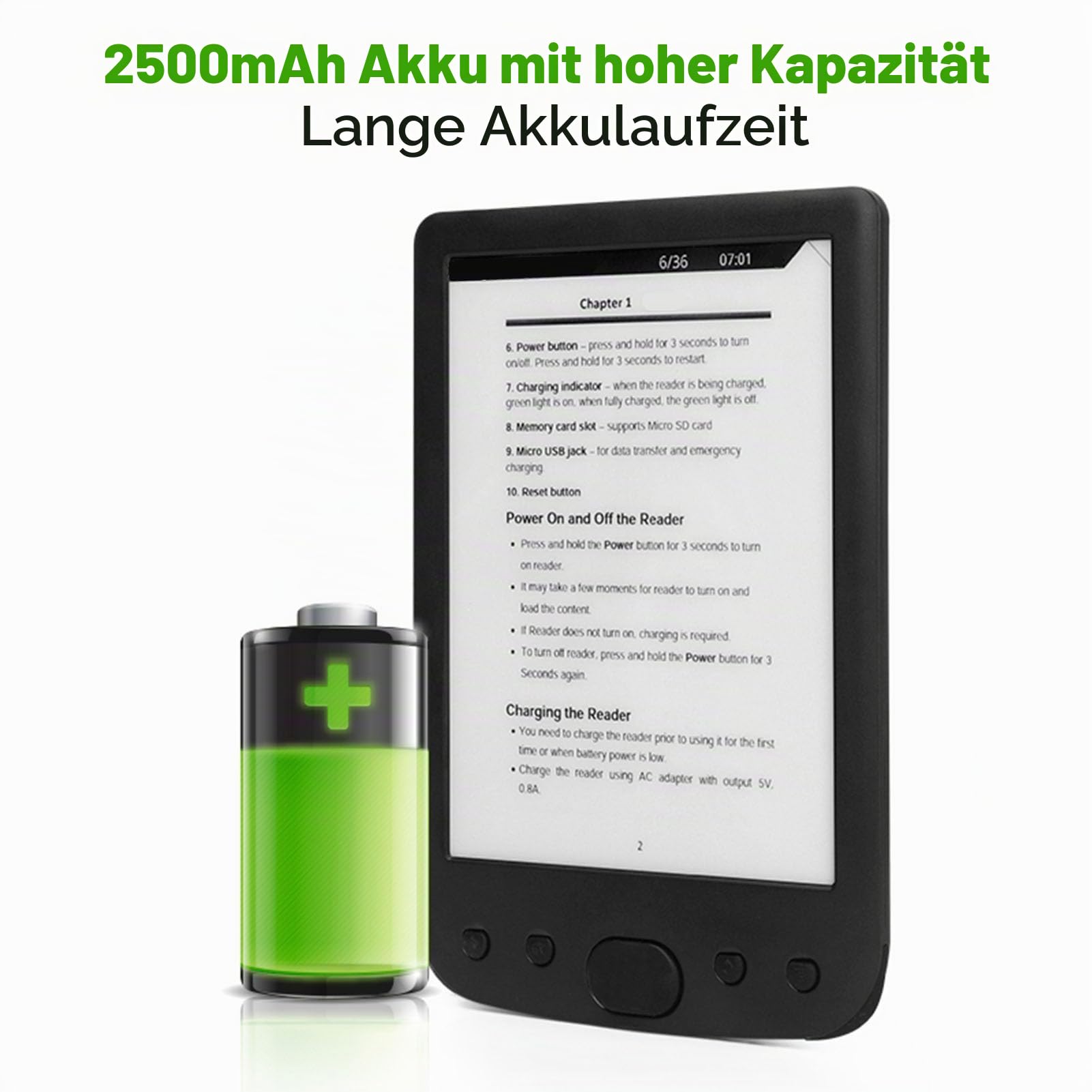 E Book Reader 6 Zoll, Blendfreier und Augenfreundlicher E Reader mit HD Touchscreen, E Ink Technologie, Integriertem 8 GB ROM und 32 GB TF Kartenerweiterung