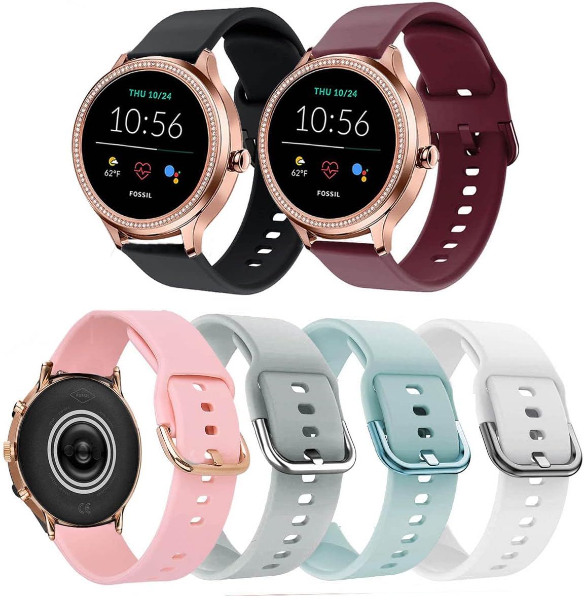 6Pack18mm Watch Bands Compatible with Fossil Gen 5E 42mm / Gen 6 42mm Smart Watch, Soft Silicone Fadeless Pattern Printed Floral Replacement Strap for Fossil Venture Gen 4 HR/Gen 3 Women