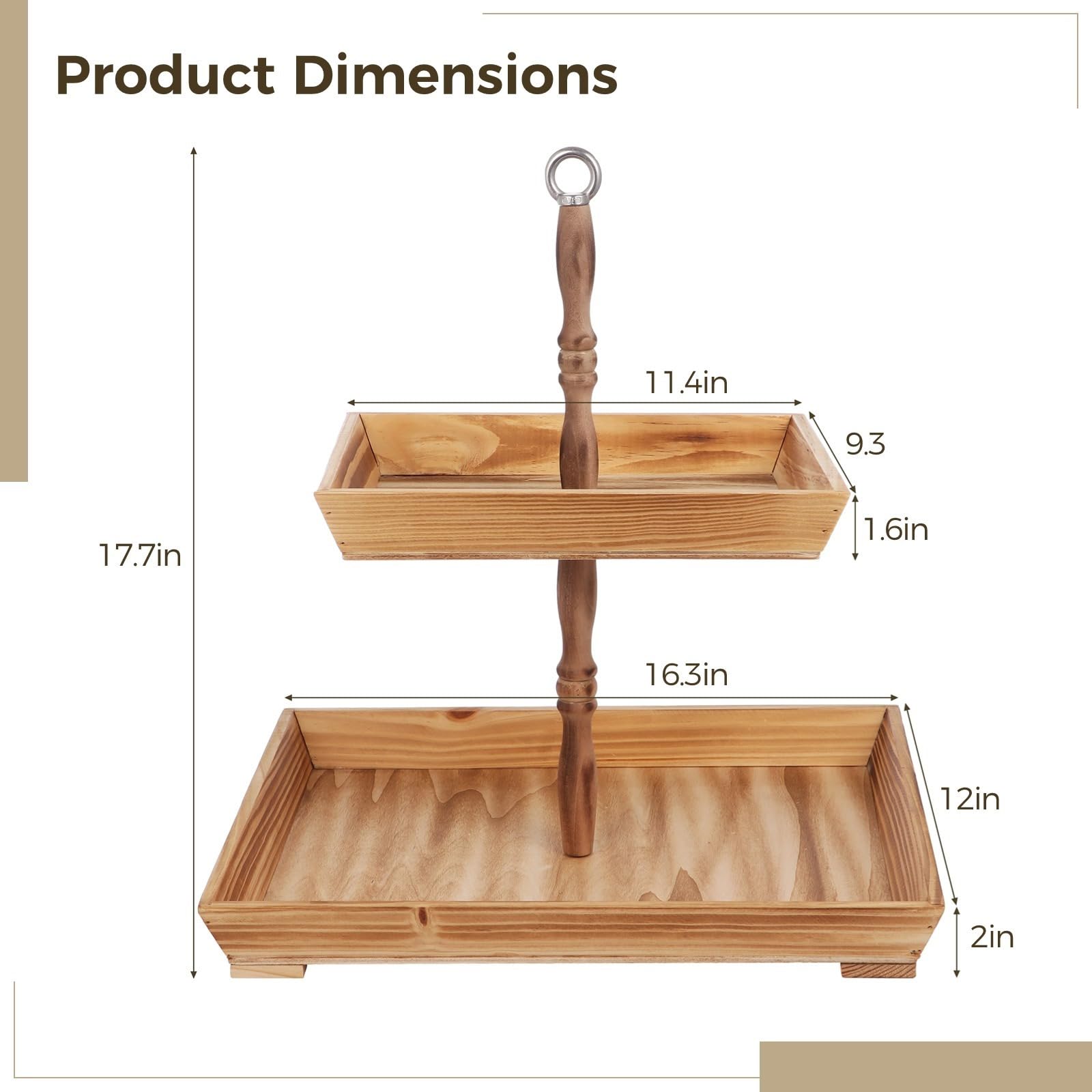 2-stöckige quadratische Servierplatte, rustikales Holztablett, Bauernhaus-Dessertständer mit Metallgriff, dekorative Servierplatte für Obst, Handwerk, Cupcakes