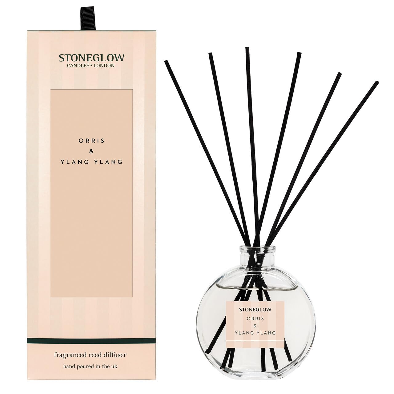 Stoneglow Modern Classics Orris & Ylang Ylang Scented Reed Diffuser 120ml with 12 Rattan Reed Diffuser Sticks, Bergamot Plum Iris Rose Jasmine Amber & Musk, Lasts 10 Weeks, Refillable Home Fragrance