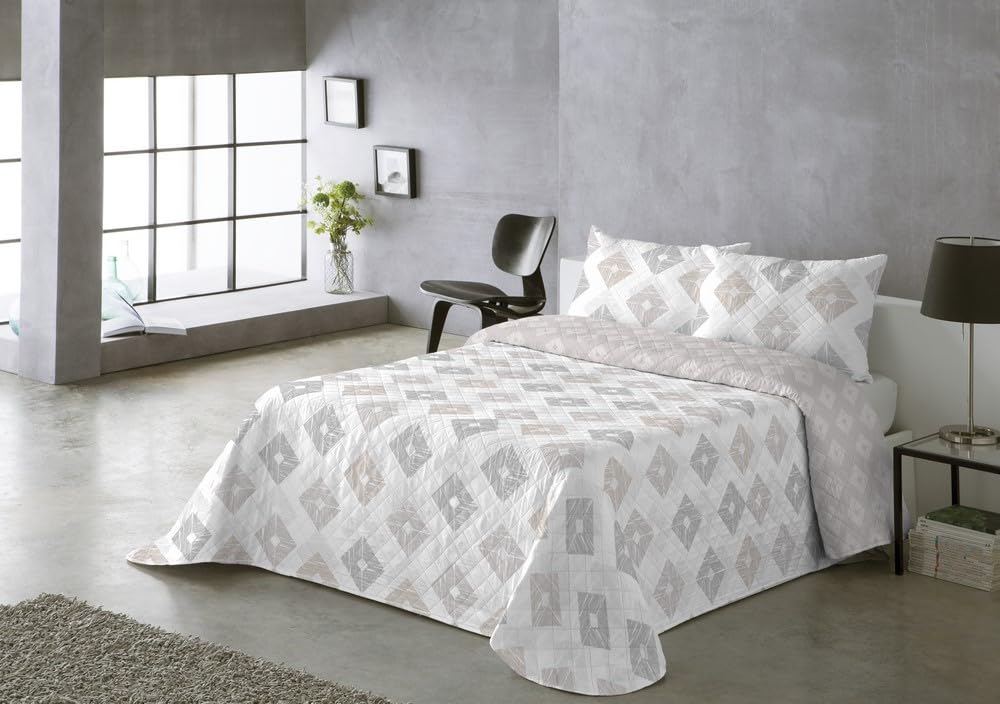BOHEME Colcha Estampada Reversible Rombos Aqua. Colcha Cama (Beige, 235x270 cm - Cama 135 cm)