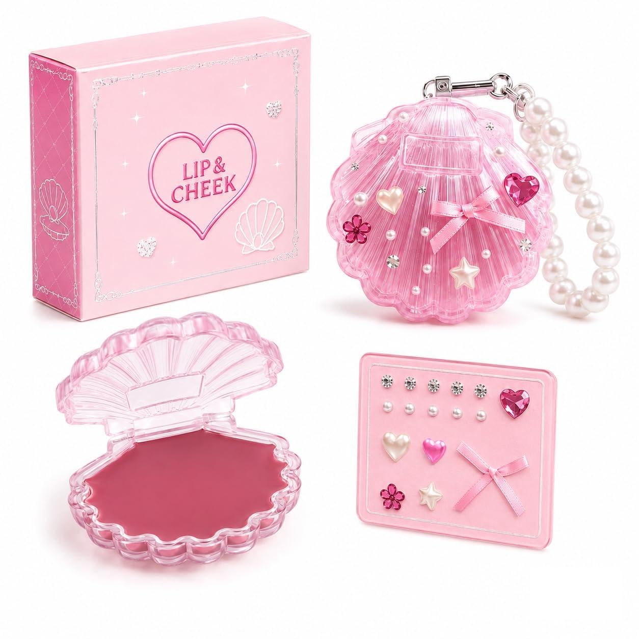 Shell Lip & Cheek Balm,DIY Cream Blush Compact with Charm,Cute Makeup Gift (01 Berry Rose)