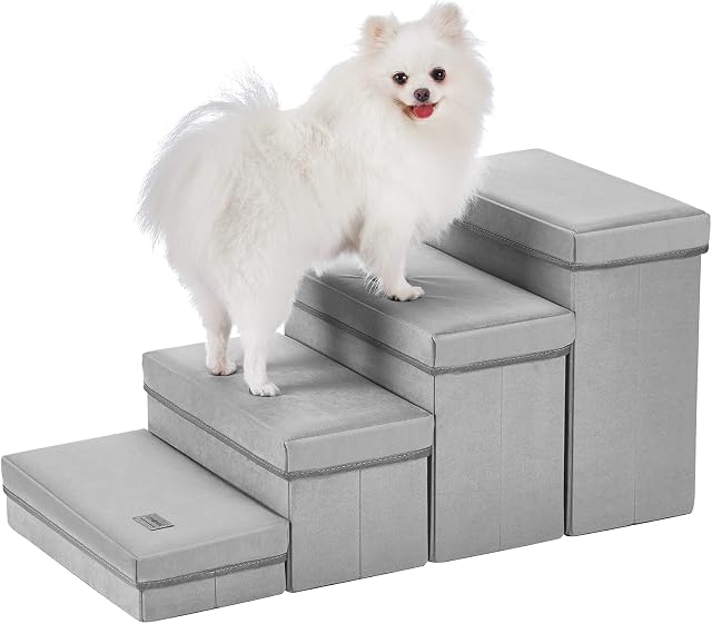 Neekor Dog Steps,4 Steps Pet Steps Foldable Dog Ramp Small Pet Ladder with 4 Storage Boxes for High Bed & Sofa,Pet Non-Slip Safety Ladder for Cats Dogs up to 80 pounds