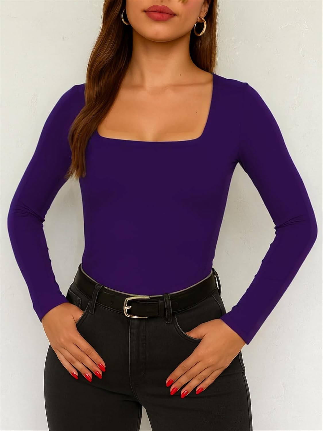 ForeFair Women Square Neck Long Sleeve Going Out Tops Tight Double Lined Basic Tees Shirt - Image 7