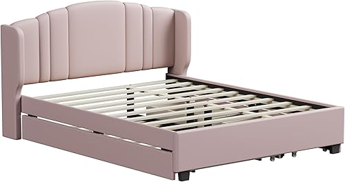 Miniatura 49 de Elegante cama con plataforma tapizada de terciopelo de tamaño Queen con cabecero, para niños, niñas y adolescentes (beige @cabecero/, Queen)