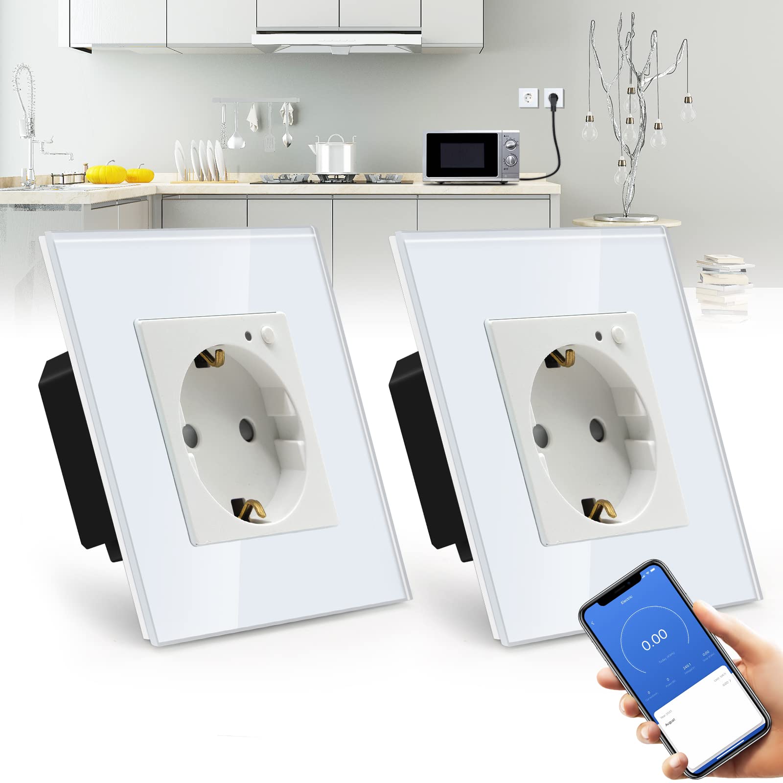 BSEED BSEED Enchufe Pared WiFi con monitor de consumo de energía,Schuko Enchufe inteligente Compatible con Alexa y Google Home,Control de APP y Función de Temporizador, Blanco-2 Paquete